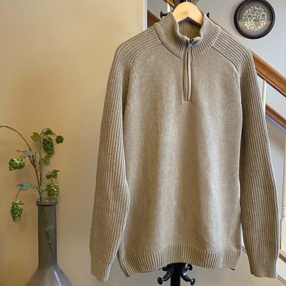 Celio Pure Cotton Knit Ribbed 1/4 Zip Sweater Tan Color Size XL
